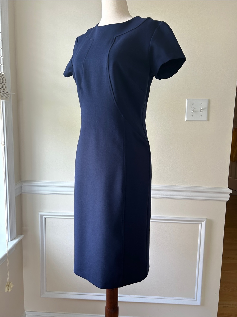 Brooks Navy Short-Sleeve Midi Sheath Dress